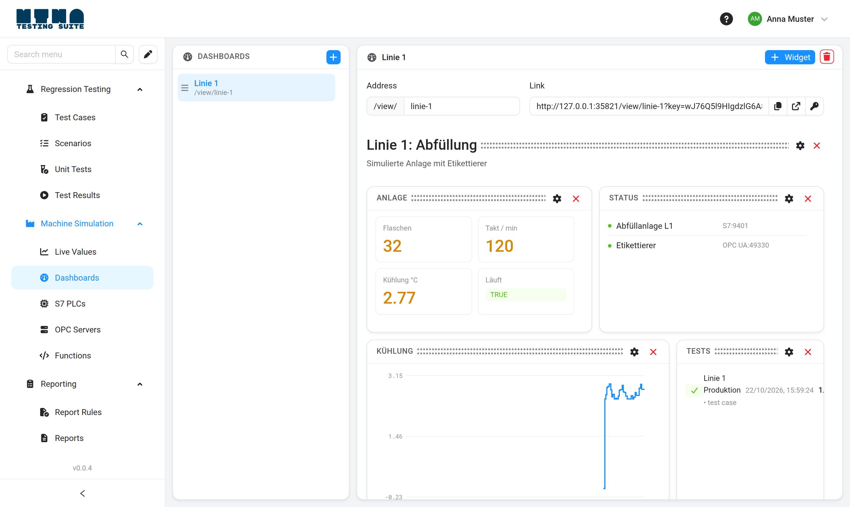 Ein Dashboard von MYNA mit Werten, Status und einem Verlauf der Kühlung